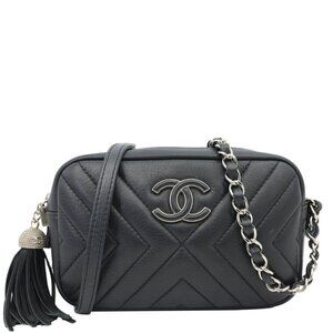 Chanel  CC Tassel Mini Diagonal Chevron Leather Camera Bag Black